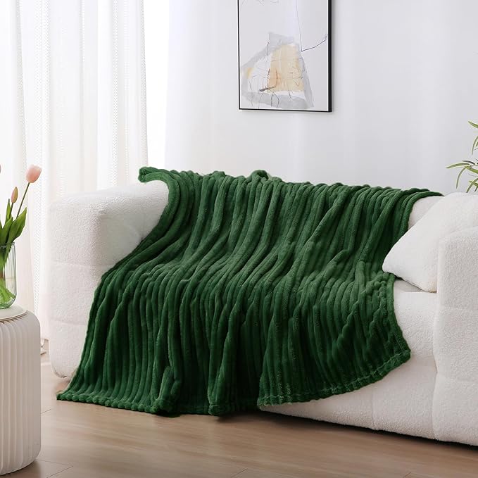 Green Fleece Throw Blanket 50”×60” for Couch Sofa Bed,Super Soft Cozy Plush Microfiber Flannel Blanket with Stripes Design Lightweight for Adults Woman Girls