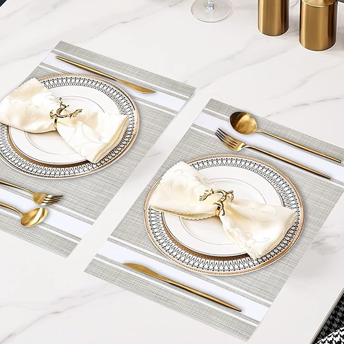 DACHUI Placemats Set of 6, Soft & Elegant Woven Vinyl Place Mats, Water Resistant, Heat Resistant, Washable, Durable Table Mats (White Stripes)