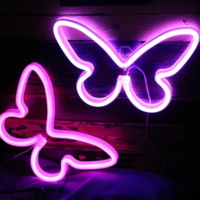 Butterfly Neon Sign, 2 Pack Led Neon Light USB/Battery Operated Wall Decor for Party, Birthday, Wedding, Holiday, Christmas, Living Room, Bar, Bedroom, Indoor, Valentine Gifts (Pink Purple)