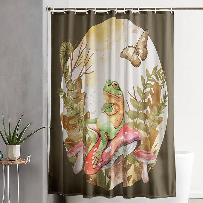 AILONEN Green Frog Mushroom Shower Curtain,Red Mushroom Waterproof Fabric Bath Curtain for Kids Girls Boys,Boho Aesthetic Minimalist Shower Curtain Set for Bathroom with Hooks,72" W*84" H