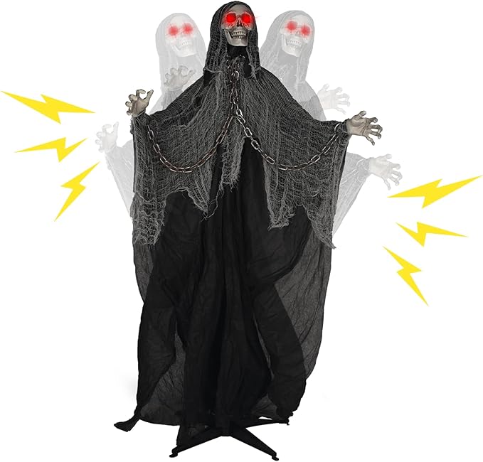 71'' Life Size Halloween Decorations, Halloween Skeleton with Light-Up Eyes & Sound Adjustable Arms Swaying Body Voice/Touch Sensing, Halloween Animatronics for Indoor/Outdoor Yard Lawn Decor, black