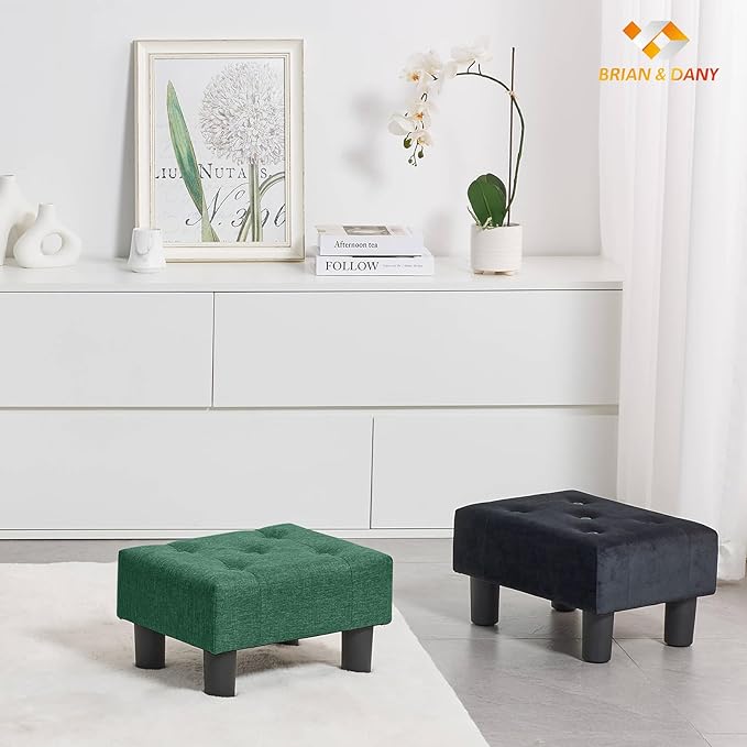 BRIAN & DANY Small Foot Stool, Linen Foot Stools with Legs, Stable Small Footstool for Living Room, Green