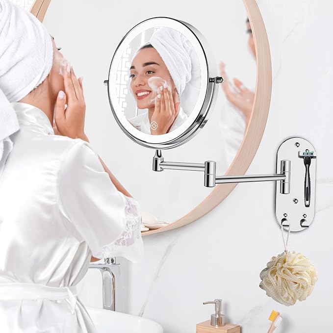 FUNTOUCH Wall Mounted Lighted Makeup Mirror, Rechargeable 8" Double-Sided LED Make up Mirror 1X/10X Magnification, 3 Color Lights Dimmable 360Β° Rotation Wall Mount Mirror with Extension Arm and Hooks