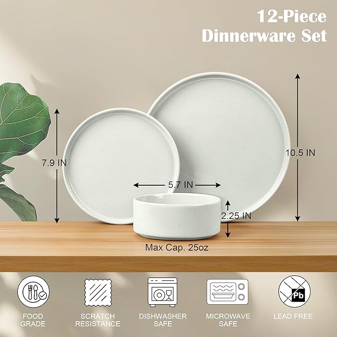 E-far Stoneware Dinnerware Sets, 12-Piece Plates and Bowls Dish Set for 4, Kitchen Modern Dinning Dishware, Chip and Scratch Resistant, Microwave & Dishwasher Safe, Speckled White