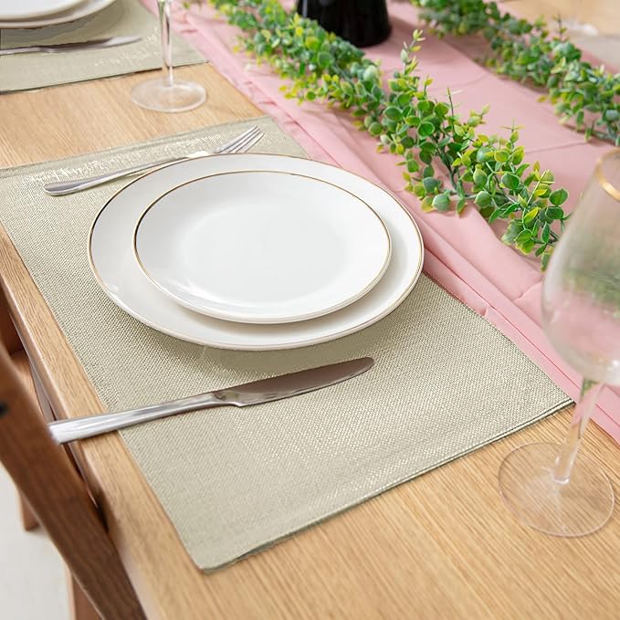 Linen Type Fabric Placemats Set of 8, Machine Washable, Heat Resistant, Wrinkle Free Thick Polyester Kitchen Place Mats for Dining Table (Beige)