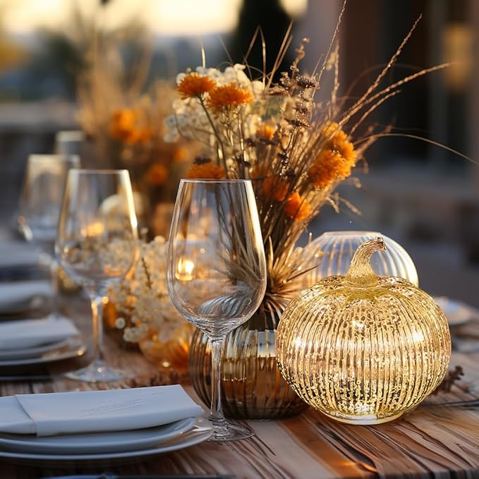 Mercury Glass Light up Pumpkin with Timer- Fall Decoration for Home-Lamps for Festive Decoration-Thanksgiving Pumpkin Decoration (Silver)