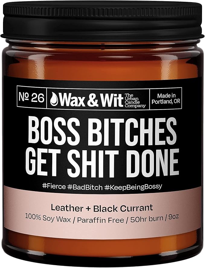 Wax & Wit Funny Soy Candle Gift for Women - Humorous, Aromatherapy Soy Wax Candle, Ideal for Housewarming, Coworker, Birthday – Leather and Black Currant - 9oz