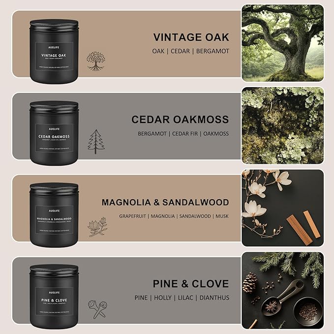 Scented Candles Set | Masculine Candle for Father's Day, Soy Candles Gifts for Men, Home Scented - 4 Pack Aromatherapy Candle - Scent of Vintage Oak/Cedar Oakmoss/Magnolia & Sandalwood/Pine & Clove