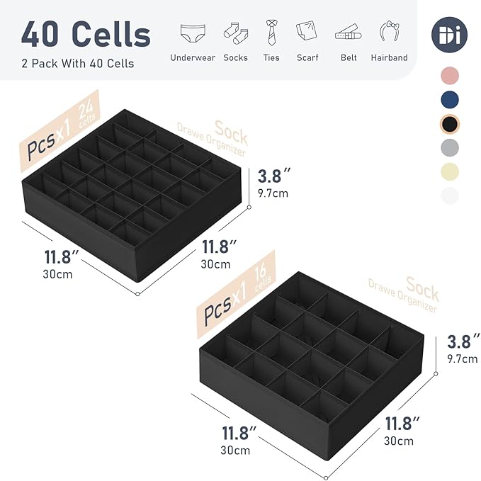 Joyoldelf Drawer Organizer 2 Pack - 40 Cell Closet Organizer for Socks, Underwear, Ties & More (Black)
