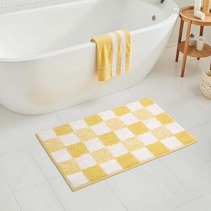 GRANNY SAYS Checkered Yellow Bathroom Rugs, 32" x 20", Non-Slip Bath Mats for Bathroom, Plush Shag Absorbent Microfiber Ultra Soft Bath Mat, Cute Washable Rug for Tub, Shower, Bedroom