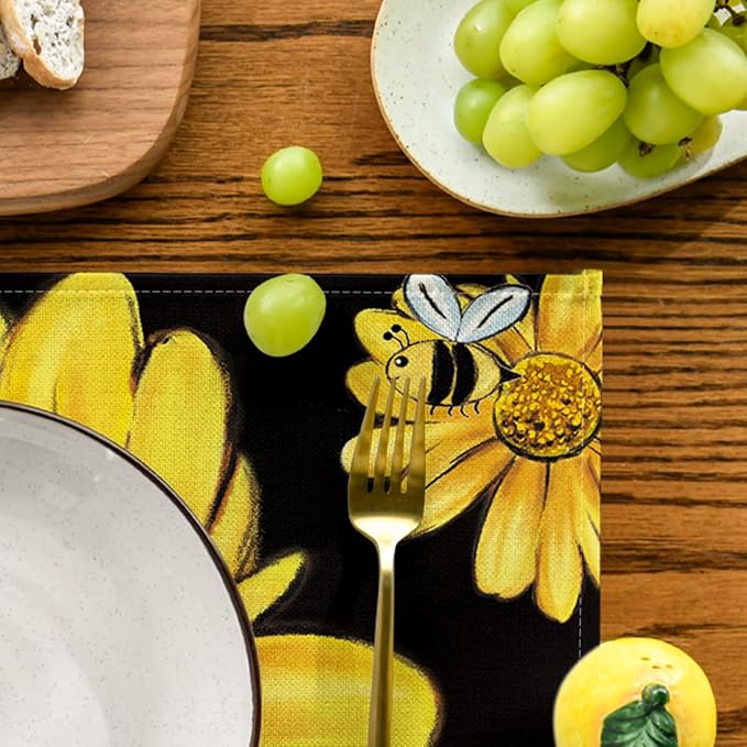 Artoid Mode Sunflower Bee Summer Placemats Set of 6, 12x18 Inch Seasonal Spring Table Mats for Party Kitchen Dining Decoration