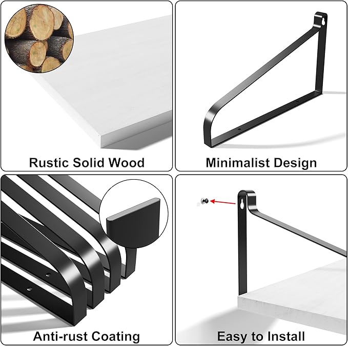 Love-KANKEI Floating Shelves Wall Mount Rustic Wood Wall Shelves with Large Storage L16.5 x W12 inch for Kitchen Living Room Bathroom Bedroom Set of 2 White