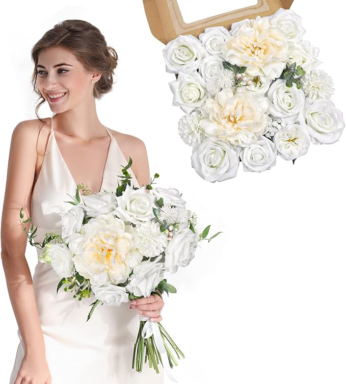 AmyHomie White Artificial Flowers Combo Silk Mix Peony Rose Hydrangea Daisy Fake Flowers w/Stem for DIY Wedding Bouquets Centerpieces Arrangements Table Decor Party Bridal Baby Shower Home Decor
