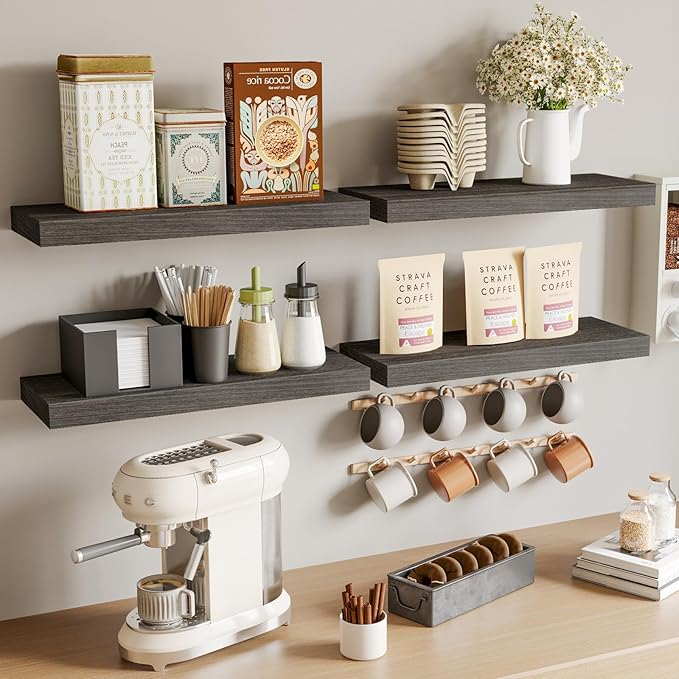 Fixwal 15.8in Floating Shelves, Rustic Wood Finish Wall Shelves Set of 4, Shelves for Wall Decor, with Invisible Brackets for Bathroom, Living Room,Bedroom and Kitchen(Gray)
