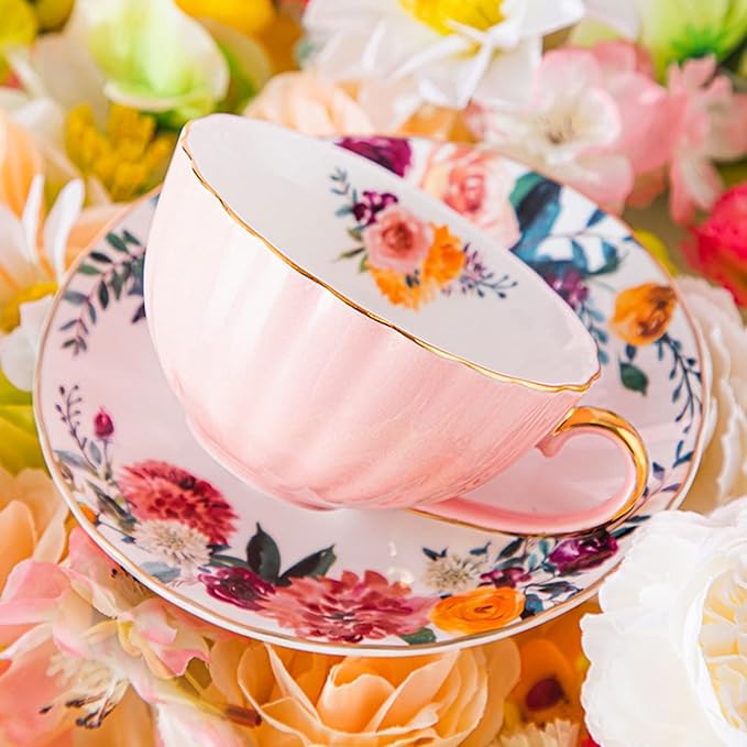 Pink Tea Cup and Saucer,Porcelain Coffee Cup Royal Ceramic Floral Lined Teacup with Gold Trim and Spoon,8 oz Vintage British Cup for Latte,Cappuccino,Porcelain Tea Sets Gift for Birthday Teaparty