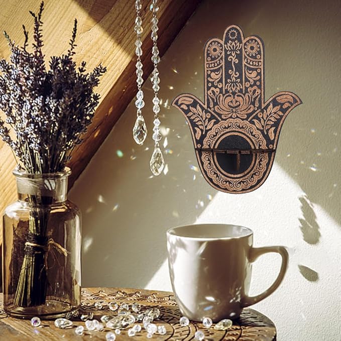 CREATCABIN Wooden Hamsa Crystal Display Shelf Hamsa Hand Wall Decor Crystal Holder Shelves Flowers Wall Mounted Floating Shelf Stand for Witch Stuff Altar Supplies Spiritual Gift Black 9.8 x 11.8Inch