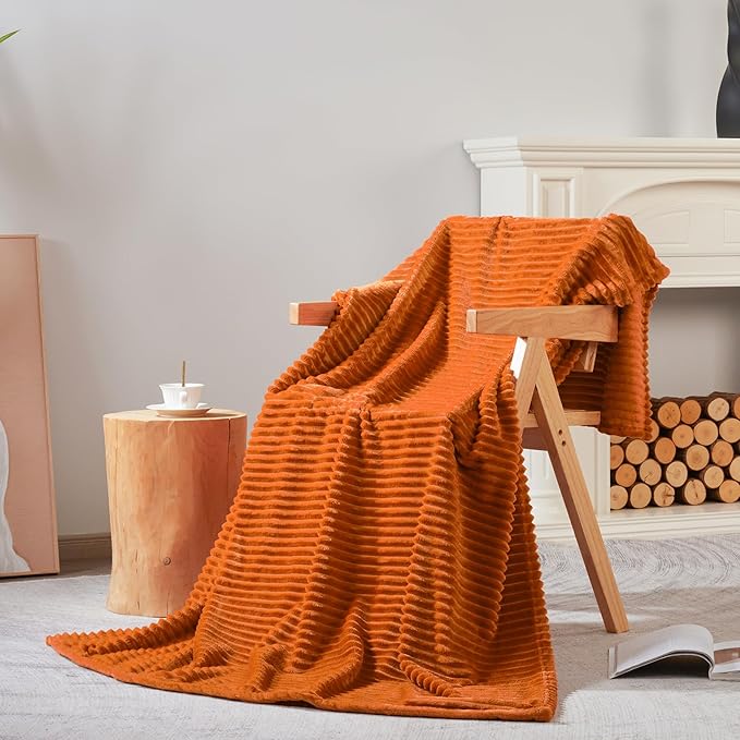 Bnuitland Burnt Orange Flannel Throw Blanket, 300GSM Super Soft Fleece Stripe Pattern Sofa Blanket for Babys and Kids, Lightweight Cozy Bed Throw for Home Decor All Season