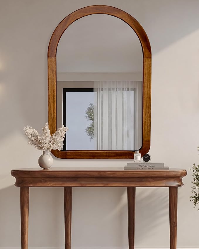Arched Mirror 24 x 36 Inch,Brown Wood Rustic Bathroom Tempered Wall Mirror with Wood Frame,Round Corner Arch Farmhouse Wooden Vanity Mirror for Living Room,Entryway or Bedroom(Walnut Brown)