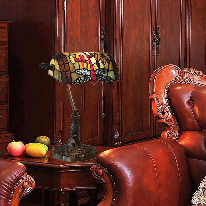 Tiffany Style Bankers Table Lamp Stained Glass Piano Desk Lamp Vintage Bedroom Bedside Lamp for Study,Antique Alloy Base,Zipper Switch,Dragonfly a