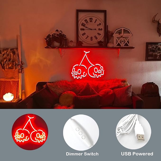 Skull Neon Sign,Cherry Wall Decor for Bedroom,Halloween Horror Decor,Gothic Red Light for Party,USB Powered Cherry Skull,Goth Lover Gifts-15"Red