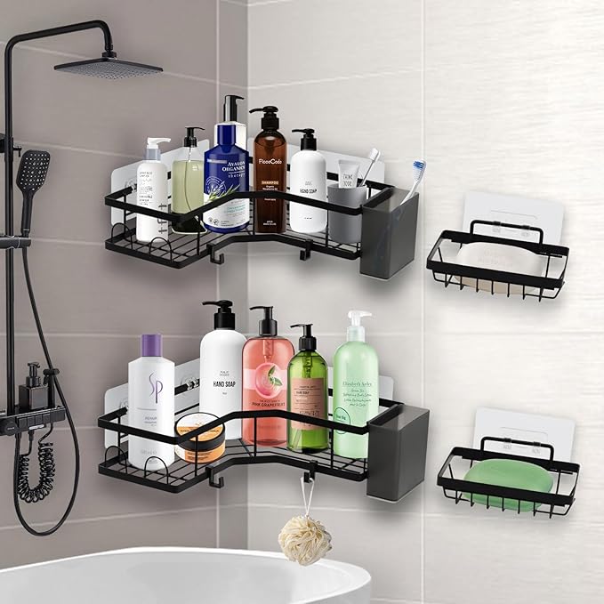 Adhesive Corner Shower Caddy, 2 Packs Shower Organizer Shelves No Drilling Stainless Steel Shower Storage Rack with Hooks & 2pcs Toothpaste Holders for Bathroom Rustproof, Space Saving (Black 6pcs)