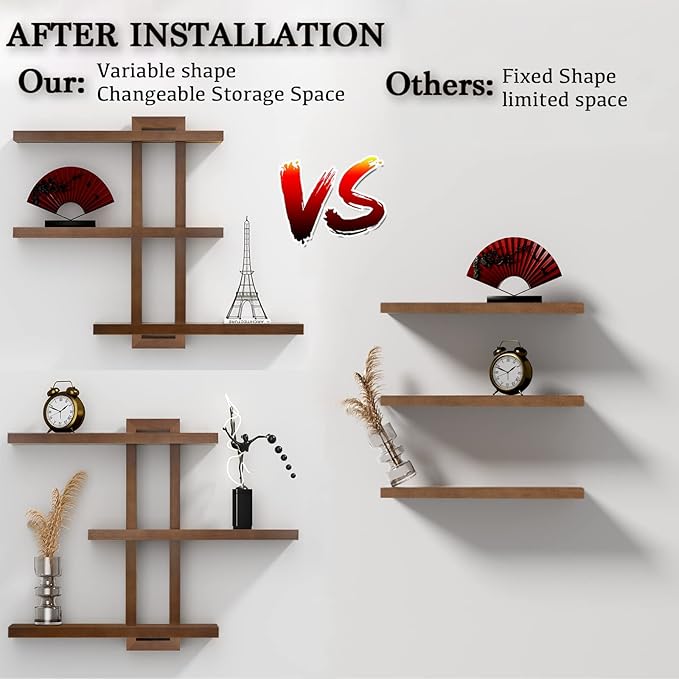 Variable Floating Shelves Wood Set of 3, Cube Wall Mounted Shelves 28.35" Max, Wall Shelves for Living Room Bathroom Bedroom Farmhouse - Light Walnut Color - 28.35" x 23" x 4.3" Max