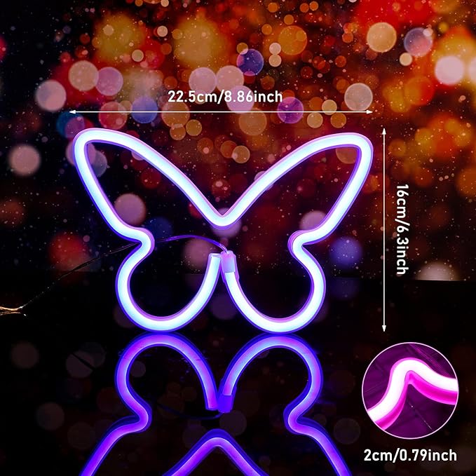 Riakrum 2 Pcs Butterfly Neon Signs LED Light 3AA Battery Powered USB Operated Wall Neon Light Decor Butterfly Wall Art for Christmas Home Bedroom Birthday Party Decor(Pink, Blue)