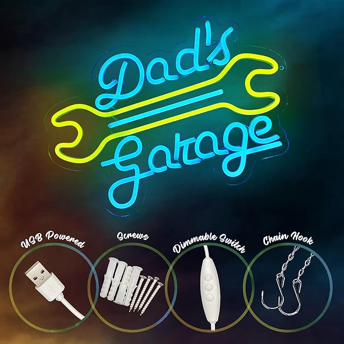 Garage Neon Sign for Wall Decor, Dad's Garage Led Neon Light Sign for Man Cave Auto Repair Shop Workshop Party Dad Birthday Gift