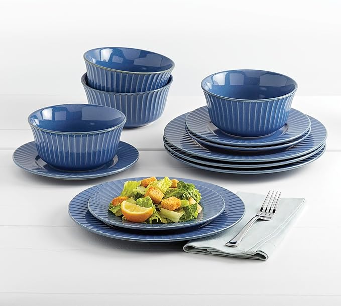 Tabletops Gallery Richmond 12-Piece Reactive Glaze Stoneware Dinnerware Set of Kitchen Dishes, Dinner Plates, Cereal Bowls, Service for 4, Blue