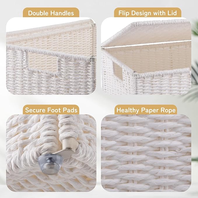 OIAHOMY Laundry Hamper with Lid, 23.8 Gal (90L) Wicker Hamper with Removable Liner Bags, Handwoven Clothes Basket with Handles, Foldable Woven Paper Rope Basket for Laundry Room, Bedroom-White
