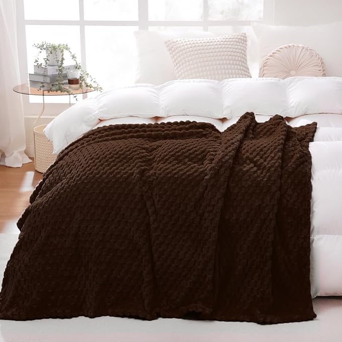 Puncuntex Brown Throw Blanket 90"×90" inches Fuzzy 3D Jacquard Decorative Flannel Fleece Super Soft Plush Cozy Blanket for Couch Sofa Chair Lightweight