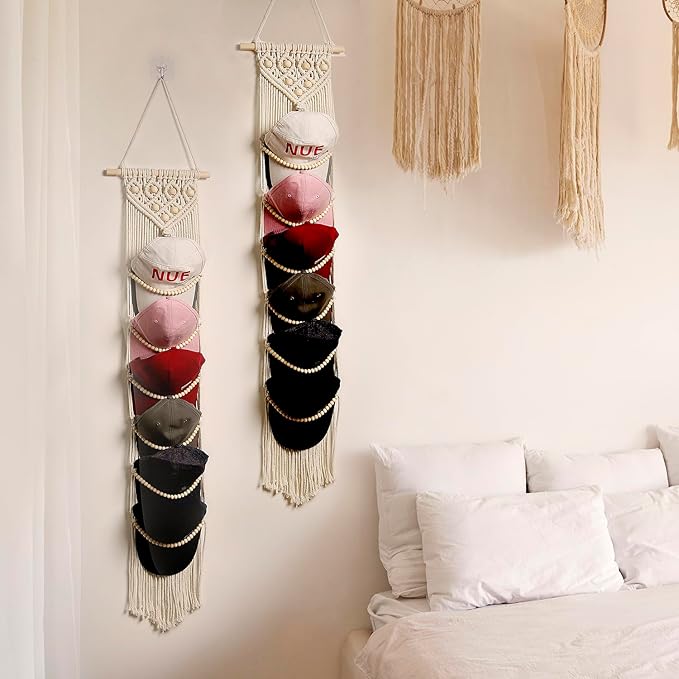 Ball Cap Hanger-1 Pack-Boho Macrame Cap Holder Wall Hat Organizer for Baseball Cap Holder Over Door, Hat Rack for Wall, Cap Rack for Decoration and Display,