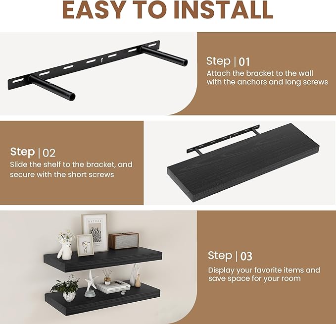Fun Memories Rustic Floating Shelves for Home Decor, 8 Inch Deep Floating Shelf, Solid Wood Floating Wall Shelves 30 Inch Long, Deep Wall Shelves for Bathroom, Living Room, Black Finsh, Set of 2