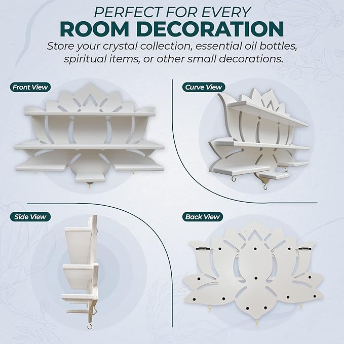 Chakral Wooden Lotus Flower Shelf for Crystals - Floating Crystal Display Shelf & Holder, Wall Decor for Bedroom Aesthetic, Pinewood (White)