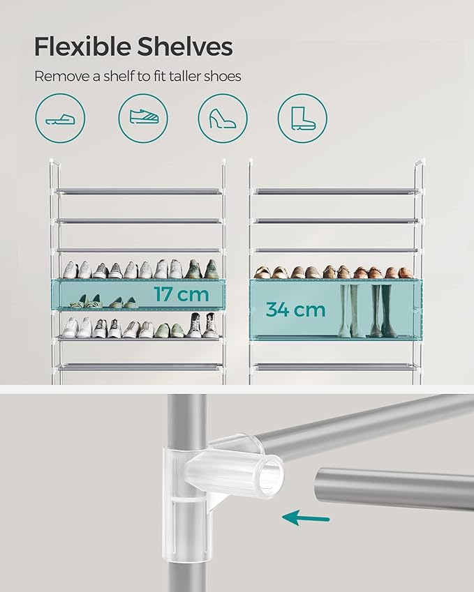 SONGMICS 10-Tier Shoe Rack, Shoe Storage for Hallway Closet, Slim and Space-Saving, Metal Frame, Non-Woven Fabric Shelves, Grey ULSR10G