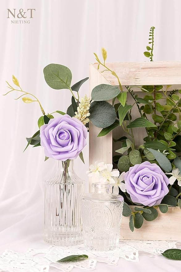 N&T NIETING Artificial Flowers, 25pcs Fake Flowers Rose with Stems Perfect for DIY Wedding Bridesmaid Bridal Bouquets Centerpieces Home Flower Arrangement Decoration, Series Purple