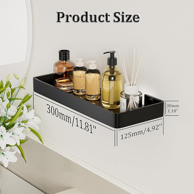 Alise Glass Bathroom Shelf, Black 11.8 Inch Rectangular Floating Shelves for Showers, Kitchens, SUS304 Stainless Steel Glass Shelf for Toilet, Room Decor