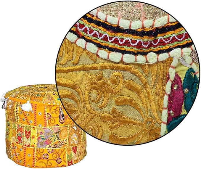 Aakriti Gallery Indian Pouf Footstool - Ethnic Embroidered Ottoman Pouf Cover, Cotton Round Pouffe - Yellow, 22x14