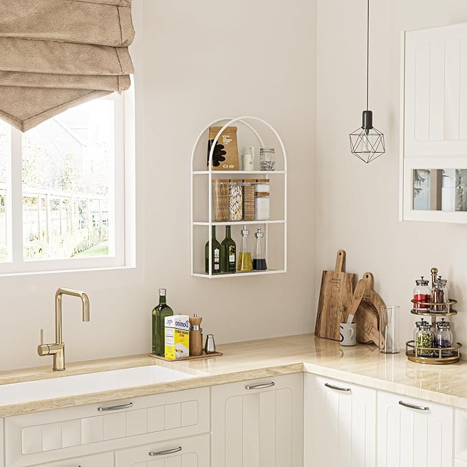 Crofy White Arched Frame Wall Shelf, Decorative 3 Tier Bathroom Wall Shelf with Transparent Tempered Glass Shelves and Robust Storage Capacity, 6" D x 17.9" W x 28.57" H