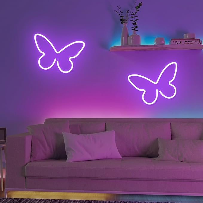 2 PCS Butterfly Neon Signs Purple Butterfly LED Neon Light for Bedroom,USB/3AA Battery Powered Neon Light Sign Wall Art for Valentines Day Birthday Wedding Party Home Bar Decorations