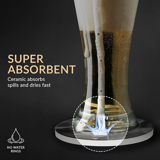 Emerson Coasters for Drinks Absorbent – Set of 6 with Holder, 100% Ceramic Wooden Tabletop Protection Marble Style - Non Slip & Cork Bottom - Heavy Duty (Blue Marble)