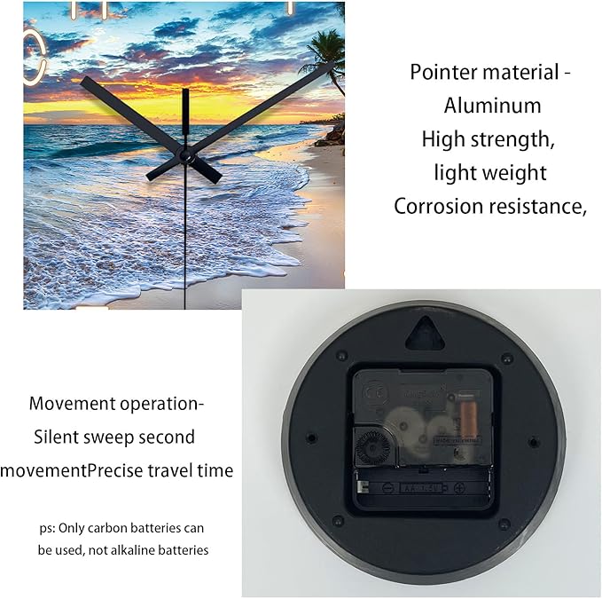 Palm Tree Clocks Battery Operated 12 Inch Glass Blue Wall Clock Non Ticking Beach Wall Clock for Bedroom