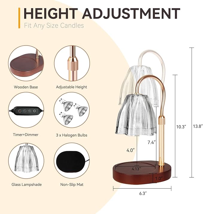 Candle Warmer Lamp with 3 Bulbs, Adjustable Height Dimmable Candle Warmer with Timer, Compatible with Large Jar Candles, Candle Lamp with Charming Gift Box for Her/Him