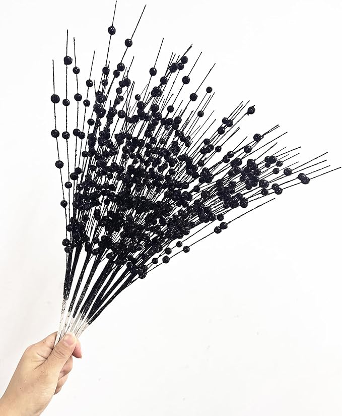 CATTREE Artificial Glitter Berry Stem Decorative, Fake Glitter Sticks Bead Pick Stems for Halloween Christmas Glittery Twigs Xmas Tree Wreath Crafts Vase Filler Home DIY Decor - 17 Inch Black 10 Pack