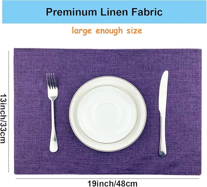 Weabetfu Cloth Placemats Set of 6 Heat Resistant Dining Table Placemmats Cotton Linen Machine Washable Kitchen Table Mats Wrinkle Free Thick Fabric Place Mat,Easy to Clean,13"x19" Purple
