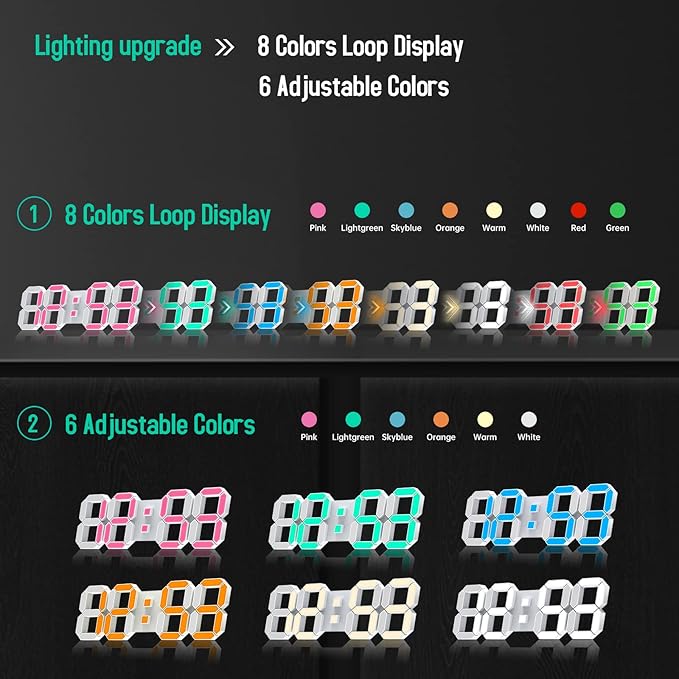 EDUP HOME 15" Multicolor LED Digital Wall Clock Alarm Clocks with APP Control, 3D LED Light Decorate Clocks with 5 Levels Brightness/Time/Date/Temperature Display, for Kitchen Bedroom Office