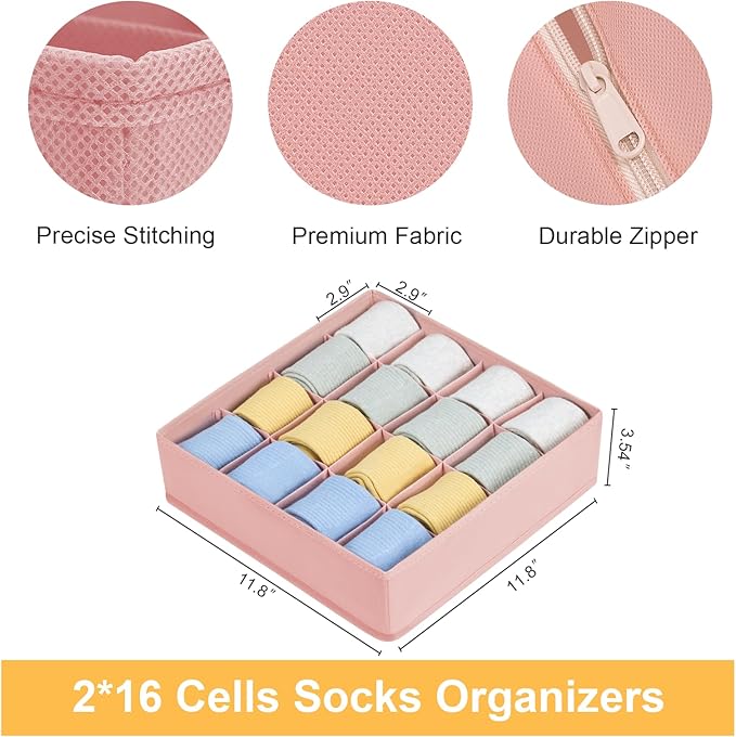 Joyoldelf Sock Drawer Organizer Divider, 16-Cell Underwear Organizers and Storage Fabric Drawer Organizer for Socks, Lingerie, Ties, 2 Packs Pink