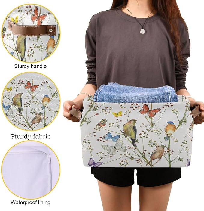Watercolor Bird Butterfly Storage Basket Bin for Shelves Closet Vintage Foldable Fabric Storage Box Cube with Handles Kids Gifts Toys Cloth Shelf Basket Organizer for Bedroom Nursery Home Decor