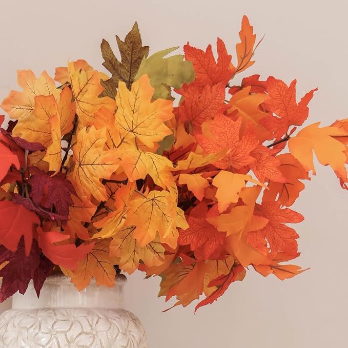 MISSPIN Artificial Fall Maple Leaves Stems, 8 PCS Fall Decorations for Indoor Outdoor Halloween Thanksgiving Farmhouse Arrangement Decorations for Front Door Wedding Centerpieces in Autumn