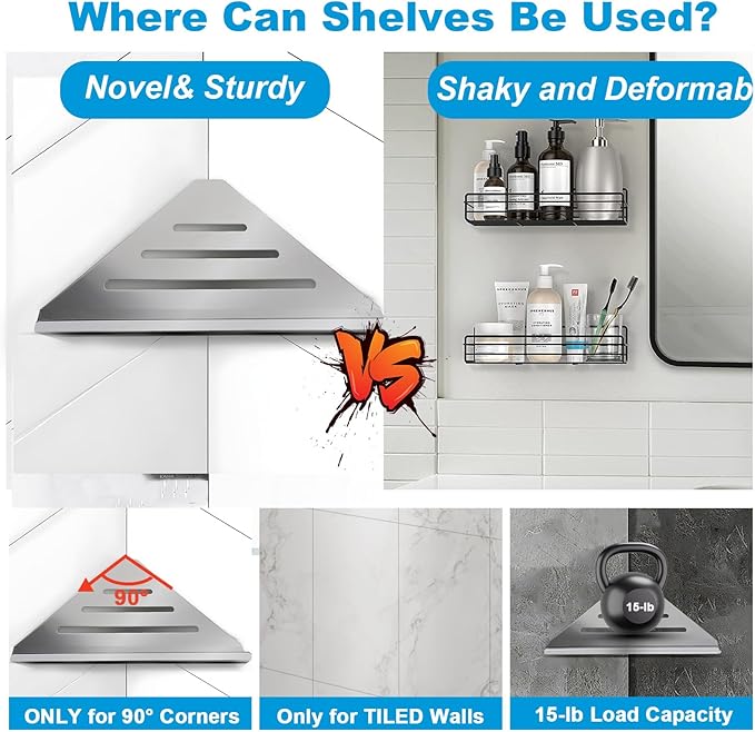 2 Pcs 304 Stainless Steel Shower Corner Shelf with Screws, Triangle Shower Caddy Coner Organizer Metal Corner Shelf Wall Mount Soap Holder for Bathroom, Kitchen Organization